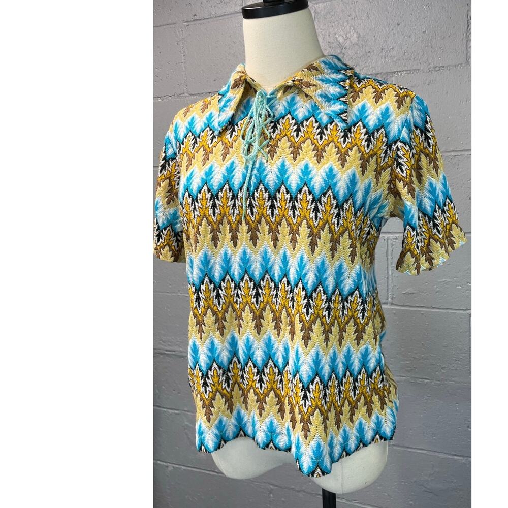 Vintage 60s Psychedelic Chevron Novelty Knit Short Sleeve Shirt Lace Up Med - Picture 8 of 10